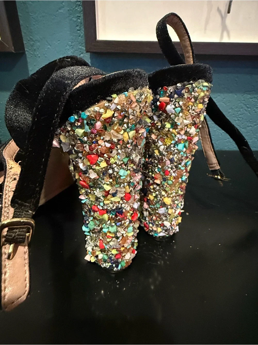 Betsey Johnson Black Star Velvet Platform Sandals
